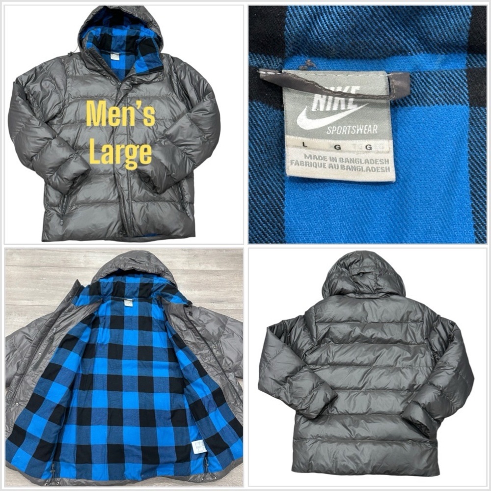 Nike Sportswear Large Puffer Jacket Coat Flannel Lined Gray Blue Down Goose